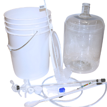 white bucket, clear carboy and accessories for kit